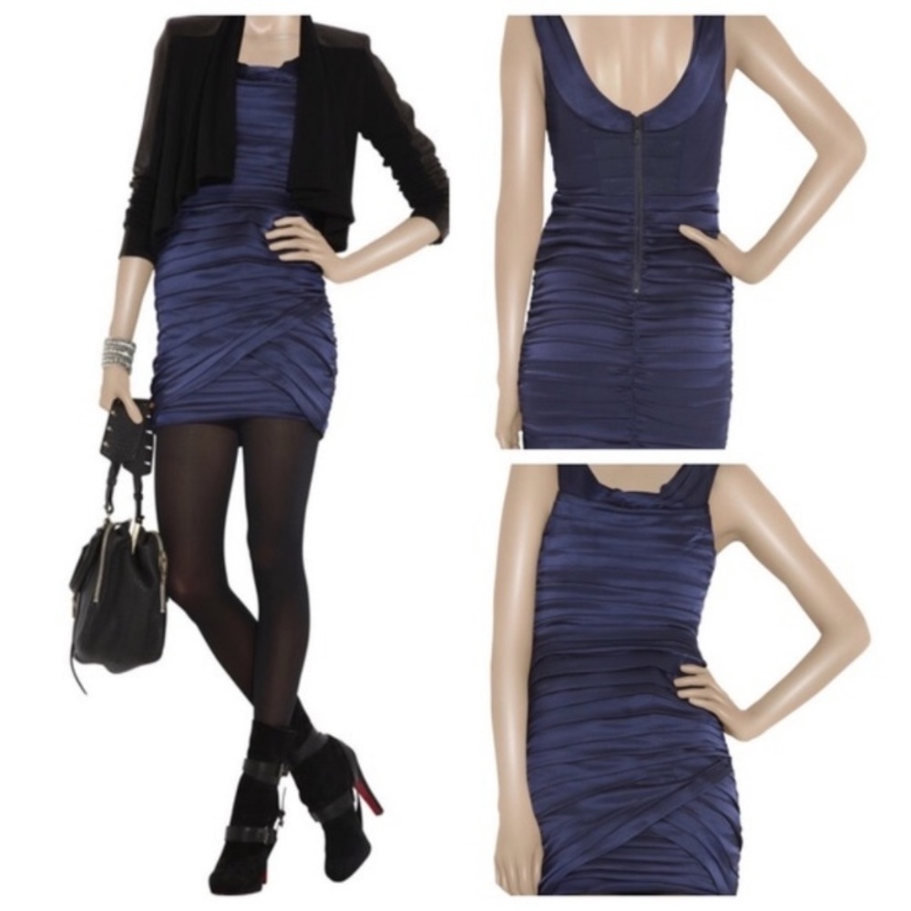 ALICE + OLIVIA Navy Blue Satin Ruched Dress